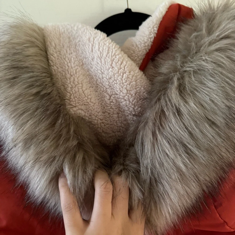 Lauren Ralph Lauren Orange Puffer Coat with Faux Fur Trim Hood - Picture 9 of 9